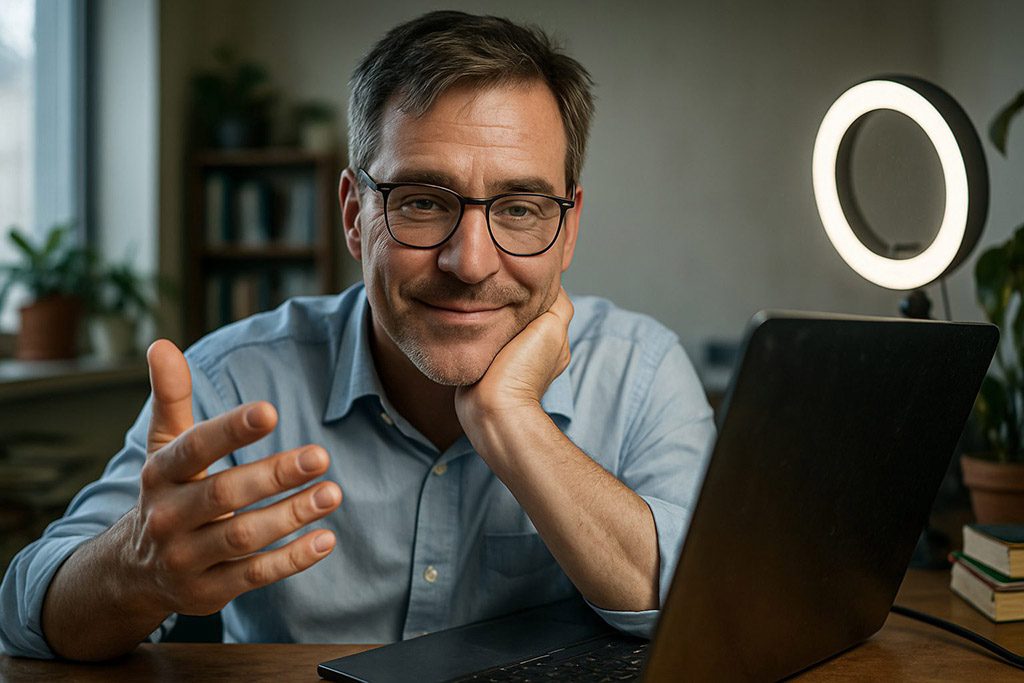 Coach am Laptop im Videocall
